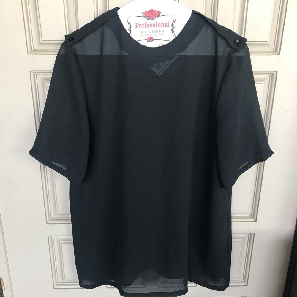 Vintage Teddi Sheer Black Blouse SzL Epaulets Short Sleeves Crew Neck